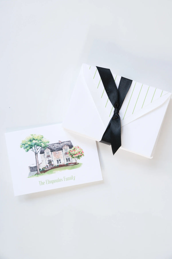 Custom Home Illustration Personalized Family Stationery with Decorative Envelope Liner (Set of 25)
