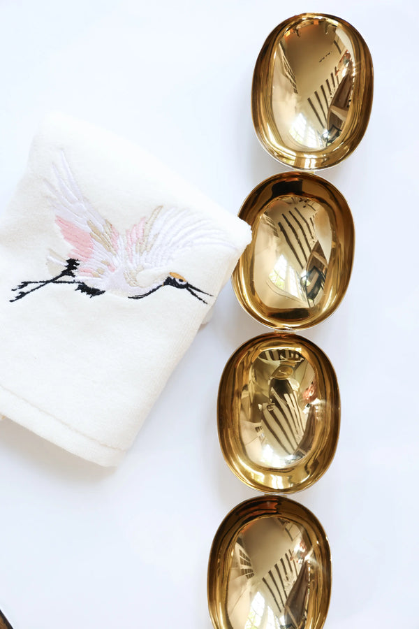 Embroidered Crane Finger Tip Towel and Polished Gold Nut Bowel Set