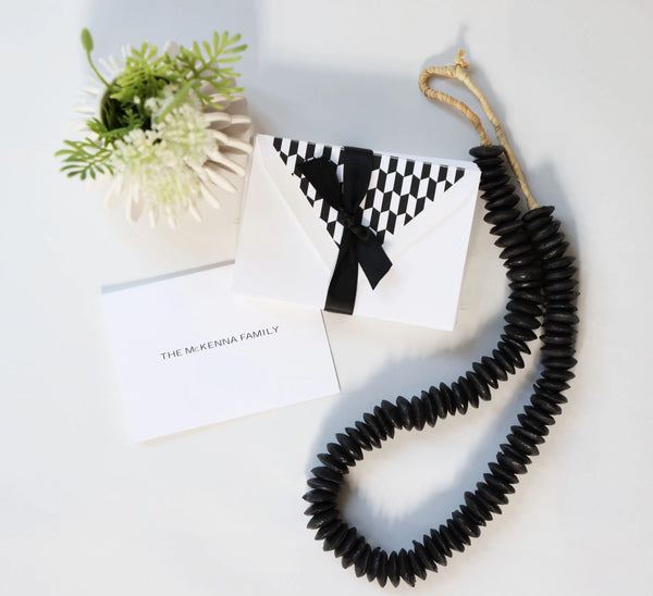 Gift Set - Fluted White Vase, Black Glass Garland and Personalized Family Stationery