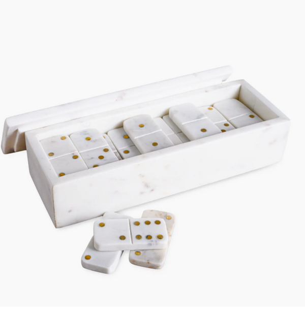 White Marble Dominoes Set W/Brass Dots Inlay