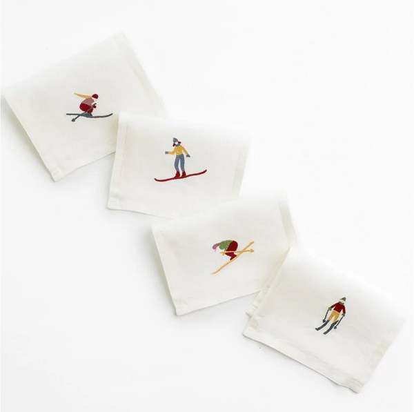 Skiers Embroidered Linen Cocktail Napkin - Set of 4